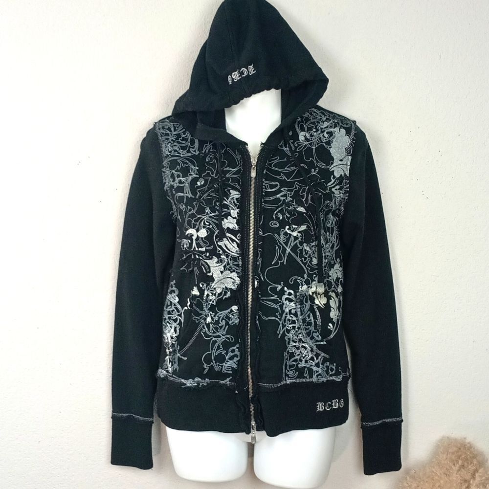 BCBG Maxazria women's black/silver textured long-sleeve front zip hoodie y2k